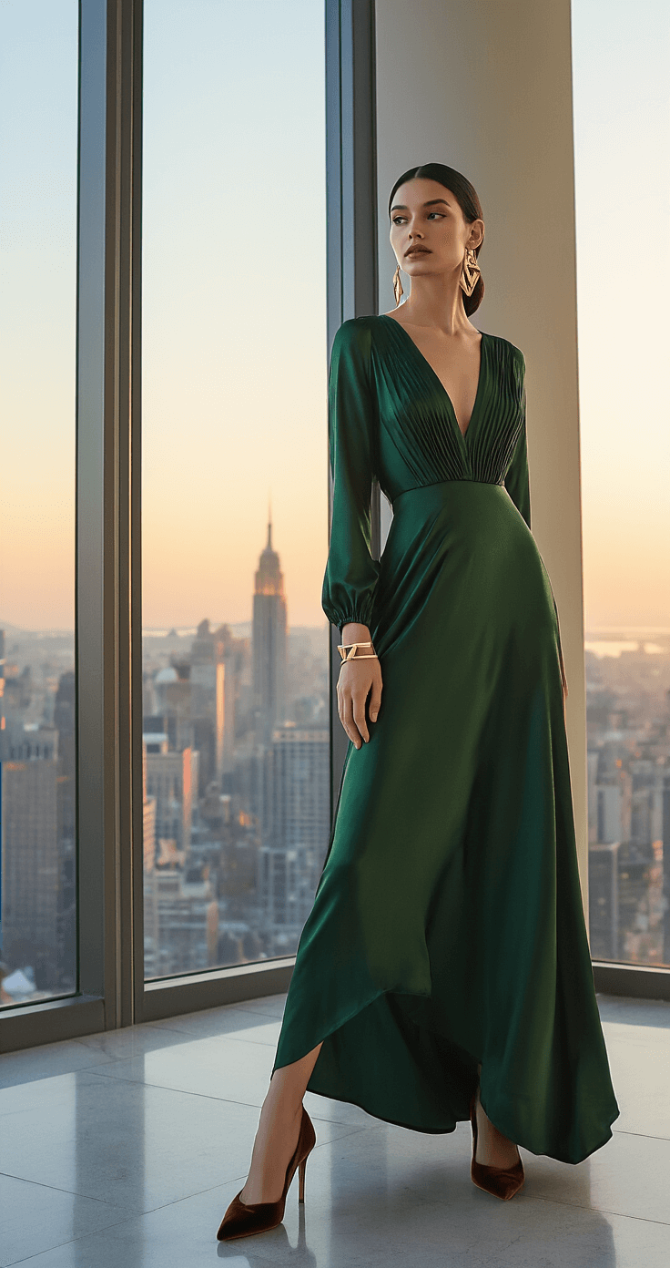 A model in a forest green satin maxi dress with long sleeves stands in a minimalist hotel suite, framed by floor-to-ceiling windows showcasing a sunset cityscape. She wears geometric gold jewelry and deep chocolate brown velvet pumps, with her hair styled in an elegant low chignon. The image is captured with a 70-200mm lens, emphasizing the dress against the modern architecture backdrop.
