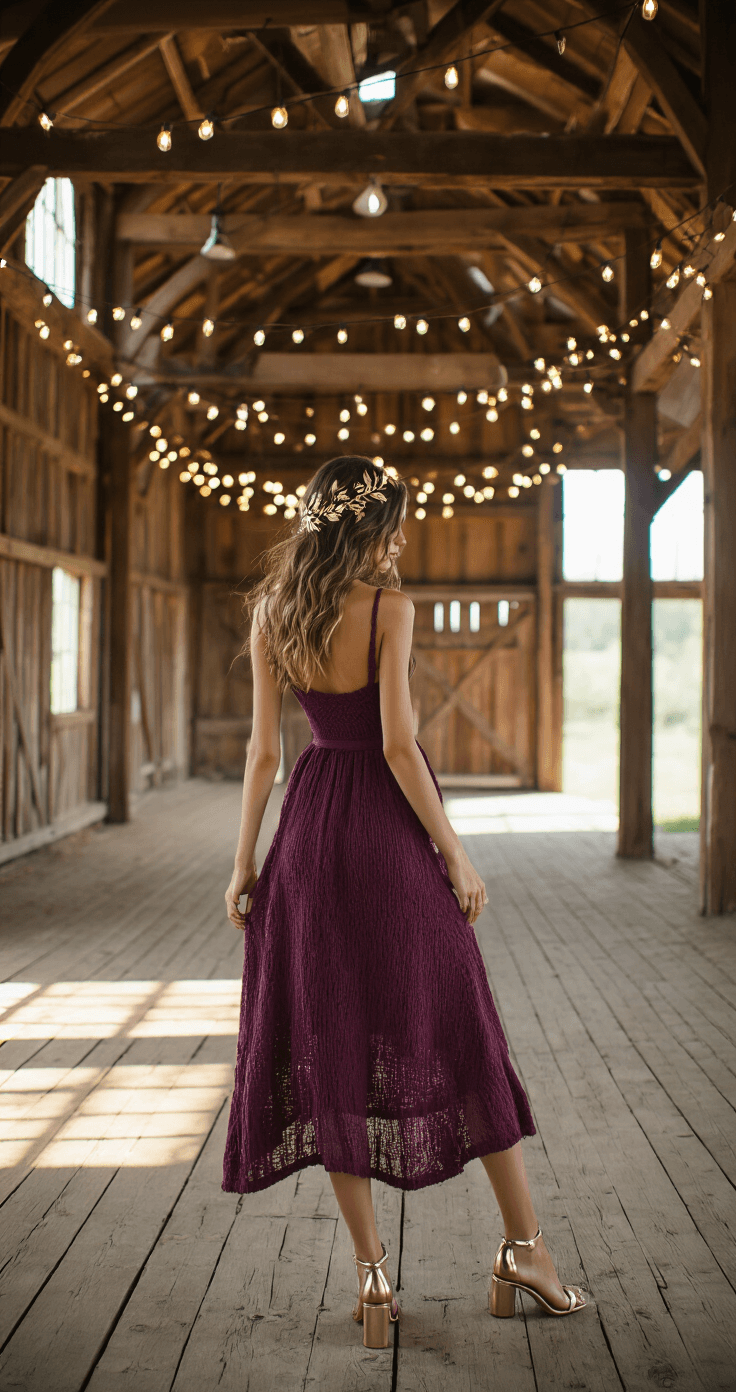 A model in a plum-colored textured knit midi dress and metallic heeled sandals stands inside a rustic-elegant barn, featuring exposed wooden beams and market lights. A delicate gold leaf hair accessory sparkles in the natural light streaming through the windows, casting dramatic patterns on the wooden interior.
