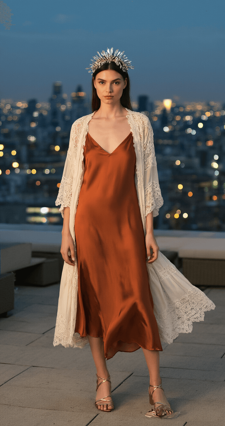 A model in a rust-colored silk charmeuse slip dress and cream lace duster lounges on a modern rooftop at twilight, surrounded by twinkling city lights. She wears strappy gold sandals and a vintage crystal headpiece, captured in a dreamy bokeh effect with an 85mm lens at f/1.4.