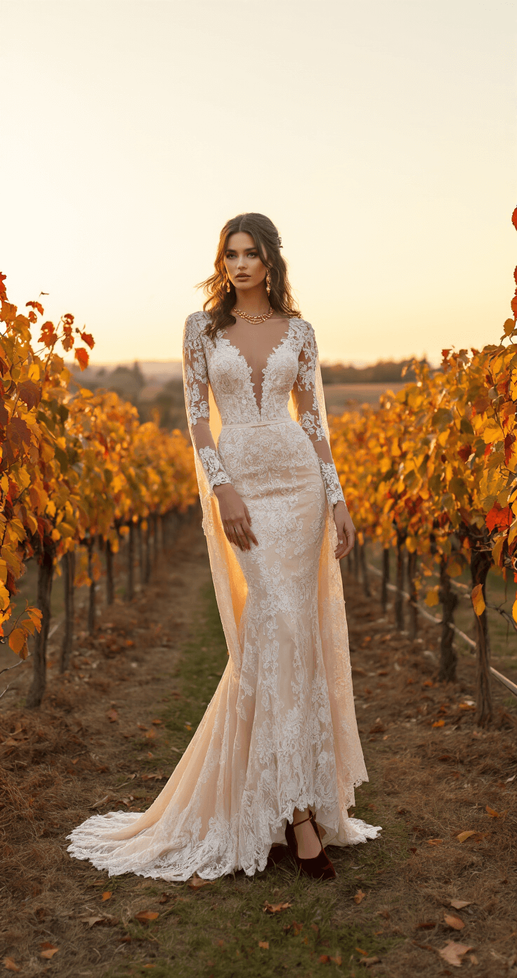 A bridal portrait during golden hour in a rustic vineyard, featuring a model in a fitted champagne gown with long lace sleeves and a detachable cape, accessorized with rose gold jewelry and velvet burgundy shoes, set against vibrant autumn foliage in amber and crimson. The angle of the shot elongates the silhouette, capturing the warm evening light.