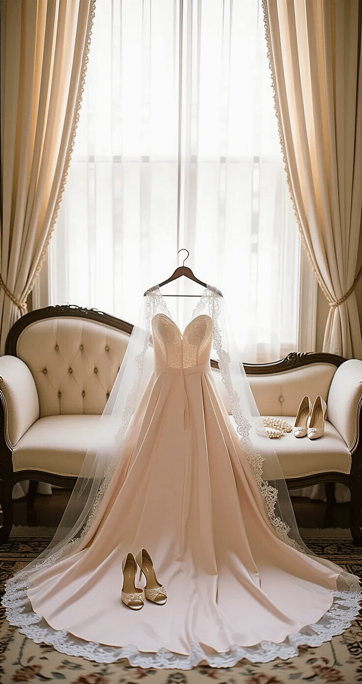 Aerial view of a Victorian bridal suite featuring a blush wedding gown with velvet accents on a vintage chaise lounge, alongside pearl drop earrings, gold-toned hair pieces, and ivory velvet shoes, with a delicate lace-trimmed cathedral veil draping over the edge, all softly illuminated by natural light through sheer curtains.
