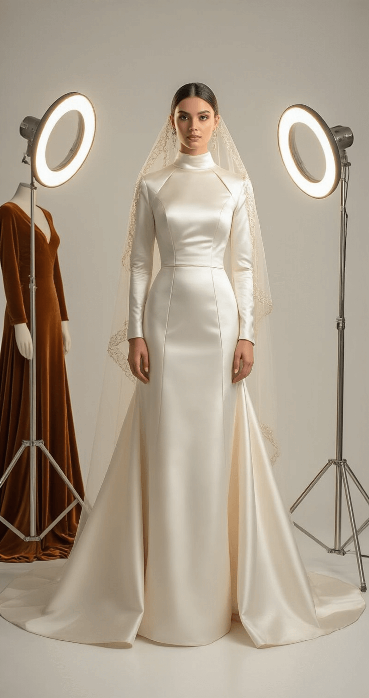 A bride in a structured satin gown with architectural seams and long sleeves stands in a modern minimalist bridal boutique fitting area, illuminated by a floor-mounted ring light. The gown is warm ivory, complemented by earth-toned velvet accessories and a metallic thread-embroidered veil, set against clean white walls and metallic accents.