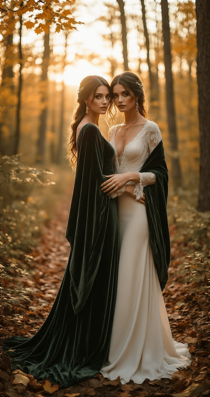 Ethereal forest wedding scene at dusk featuring a bride in a heavy crepe gown with earth tone undertones and a deep forest green velvet wrap, adorned with gold jewelry, surrounded by autumn leaves and soft, natural backlighting.