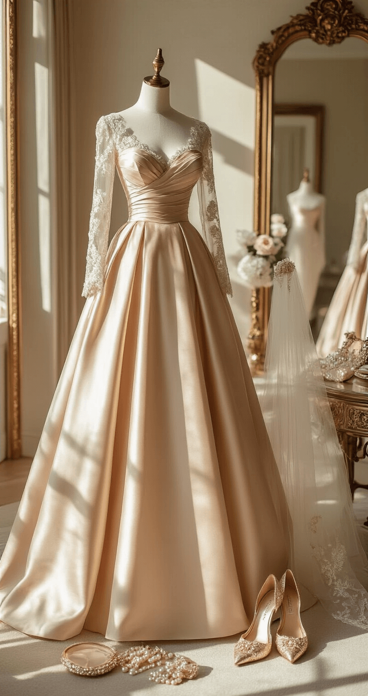 A luxurious hotel suite preparation scene featuring a champagne-colored ball gown with a structured Mikado silk bodice and long sleeves on a designer dress form. Nearby, rose gold accessories, pearl-encrusted shoes, and a vintage-inspired veil are beautifully arranged. The room is adorned with elegant furnishings and mirrors, all illuminated by mid-morning light creating dramatic shadows.