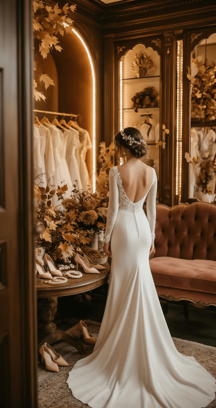 A bride in a cozy autumn bridal boutique corner tries on a fitted ivory crepe gown with long sleeves and velvet ribbon details, surrounded by golden leaf hair pieces, pearl-dropped jewelry, and blush velvet shoes, all in a warmly lit, intimate setting.