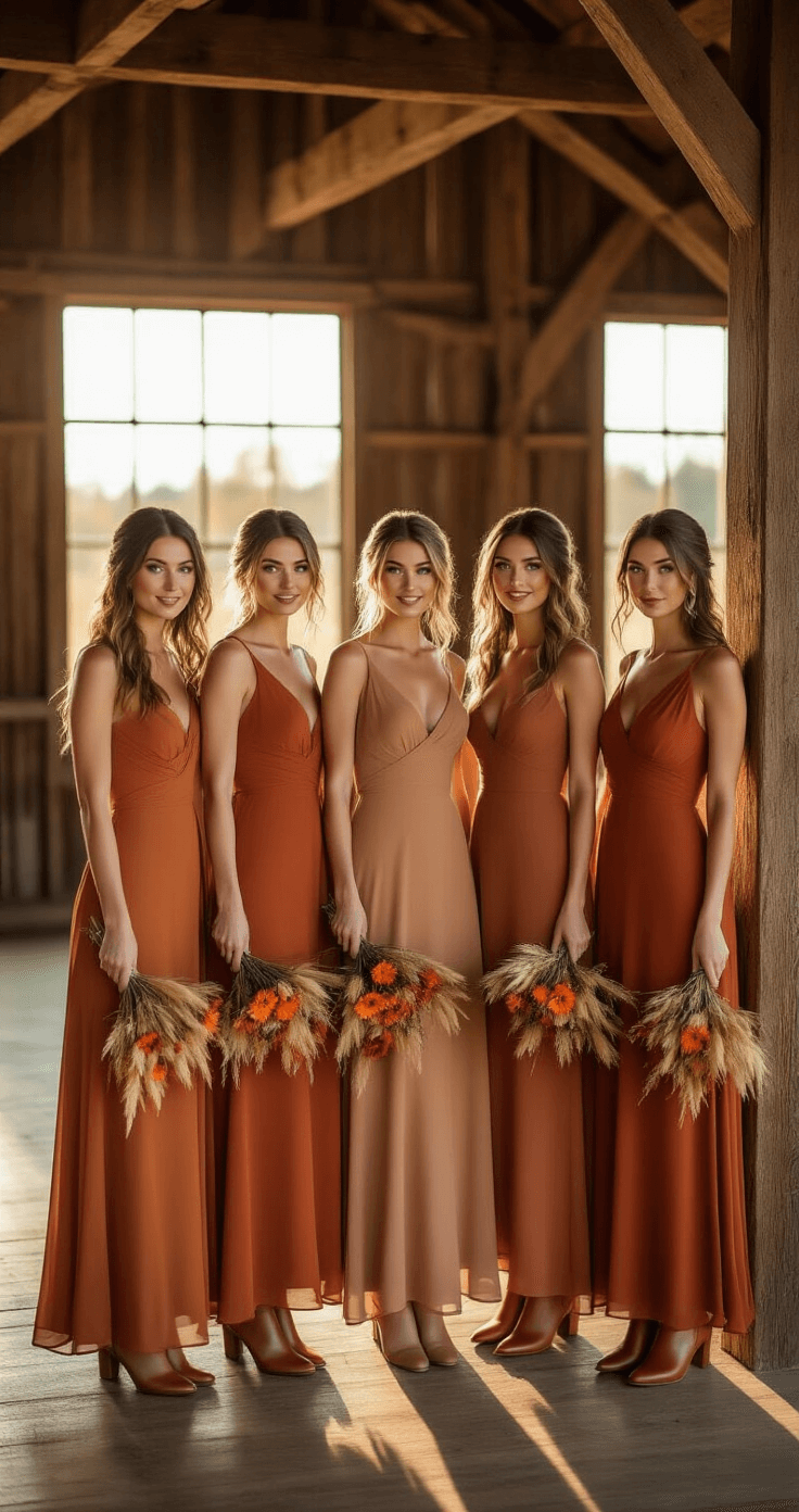 A sunlit rustic barn interior showcasing five bridesmaids in varying shades of burnt orange and terracotta crepe dresses, each with a unique neckline and floor-length design. They stand near wooden beams, with natural light illuminating their attire. Each holds a small bouquet of dried wheat and orange dahlias, complemented by soft leather ankle boots. Shot with a Canon 5D Mark IV, emphasizing a shallow depth of field.