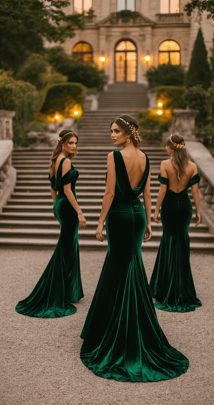 Three bridesmaids in luxurious emerald and forest green velvet gowns elegantly walk down dramatic architectural stairs in an estate garden at dusk, illuminated by warm landscape lighting. Their gowns feature cowl backs and subtle trumpet silhouettes, adorned with gold leaf hair accessories and delicate gold chain necklaces. The candid shot captures the movement of the velvet fabric from a slightly lower perspective, using a 35mm lens.