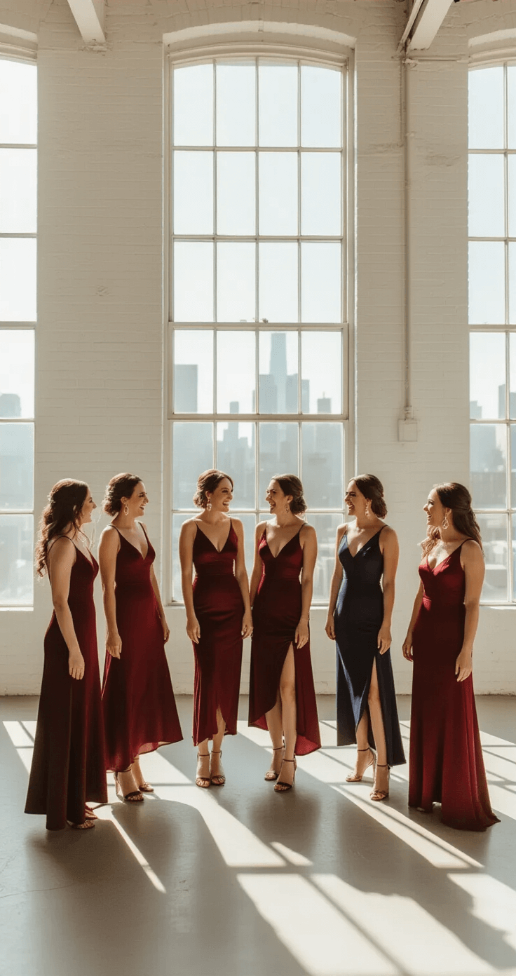 Bridesmaids in jewel-toned satin dresses laughing together in a bright white-brick loft, with floor-to-ceiling windows casting dramatic shadows.