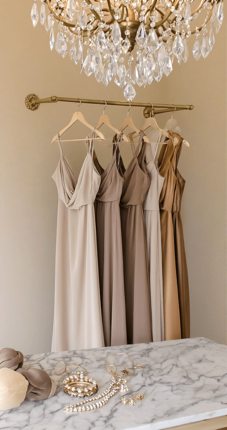 Close-up of elegant bridesmaid dress fabrics in mocha crepe, taupe chiffon, and bronze satin on vintage brass hangers, with sparkle from a crystal chandelier and artfully arranged jewelry on a marble surface in an intimate boutique fitting room.