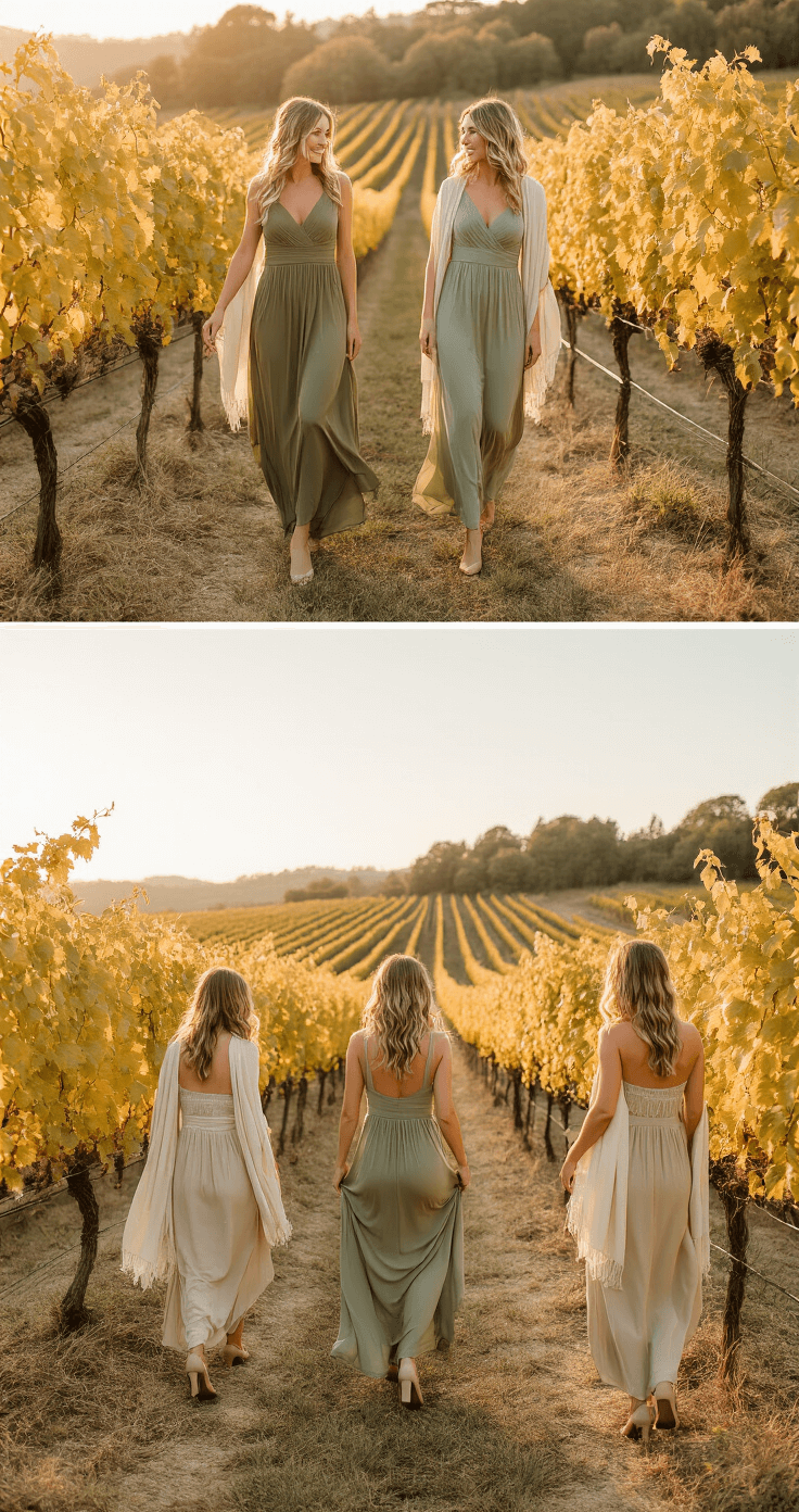 Bridesmaids in flowing olive and sage chiffon dresses walk through a golden-leaved vineyard at sunset, soft cream pashminas draped over their shoulders, captured in a wide shot that compresses the rows of vines.