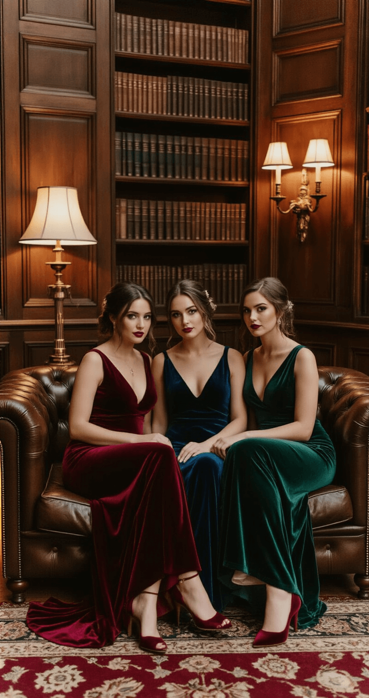 Three bridesmaids in rich velvet dresses lounge on a vintage leather chesterfield sofa in a cozy historic library, illuminated by warm library lamps. The dresses are burgundy, navy, and forest green, complemented by gold vintage-inspired accessories and deep burgundy velvet heels. The dark wood paneling adds to the intimate atmosphere, captured in rich color depth on 35mm film.
