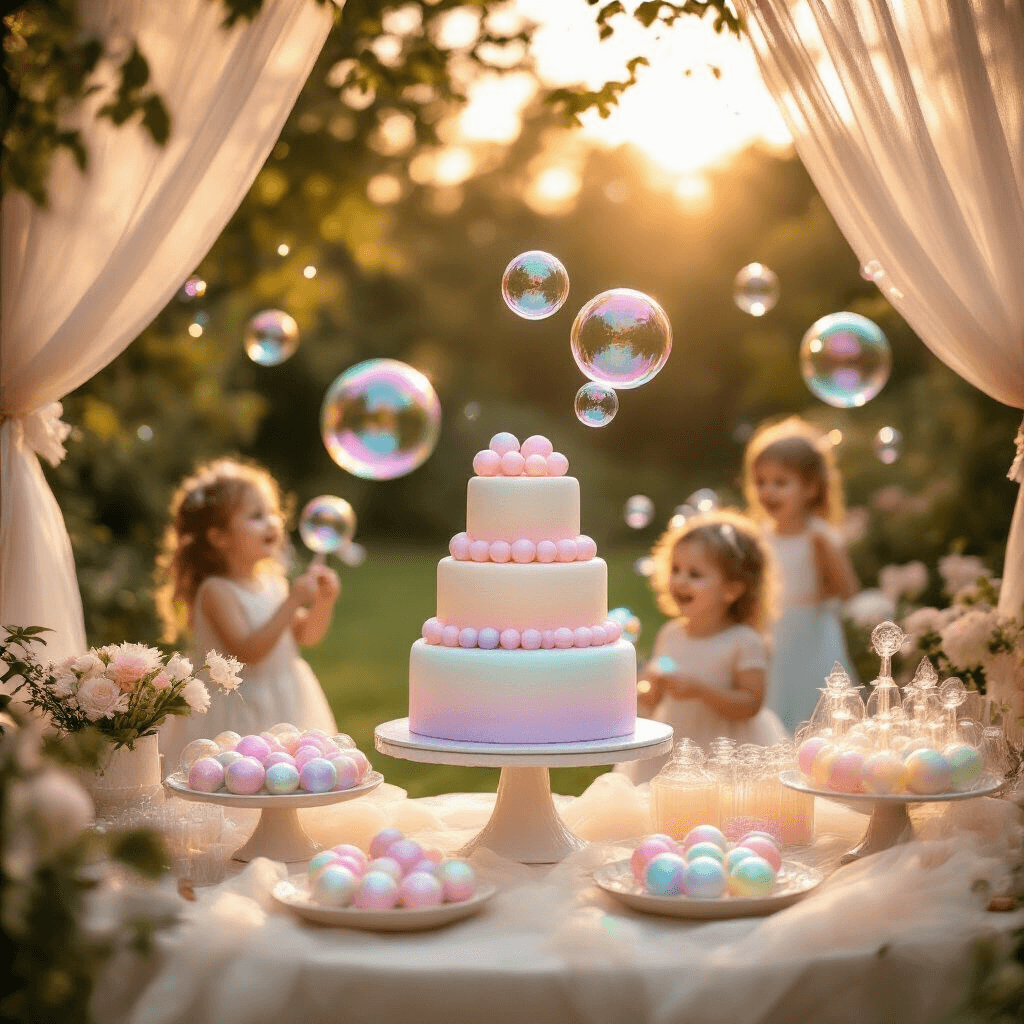 A whimsical outdoor garden party at golden hour, featuring pastel bubble machines, a stylish dessert table with a bubble-shaped cake, iridescent treats, soft tulle drapery, fairy lights, and children joyfully playing with giant bubble wands amidst shimmering spheres.