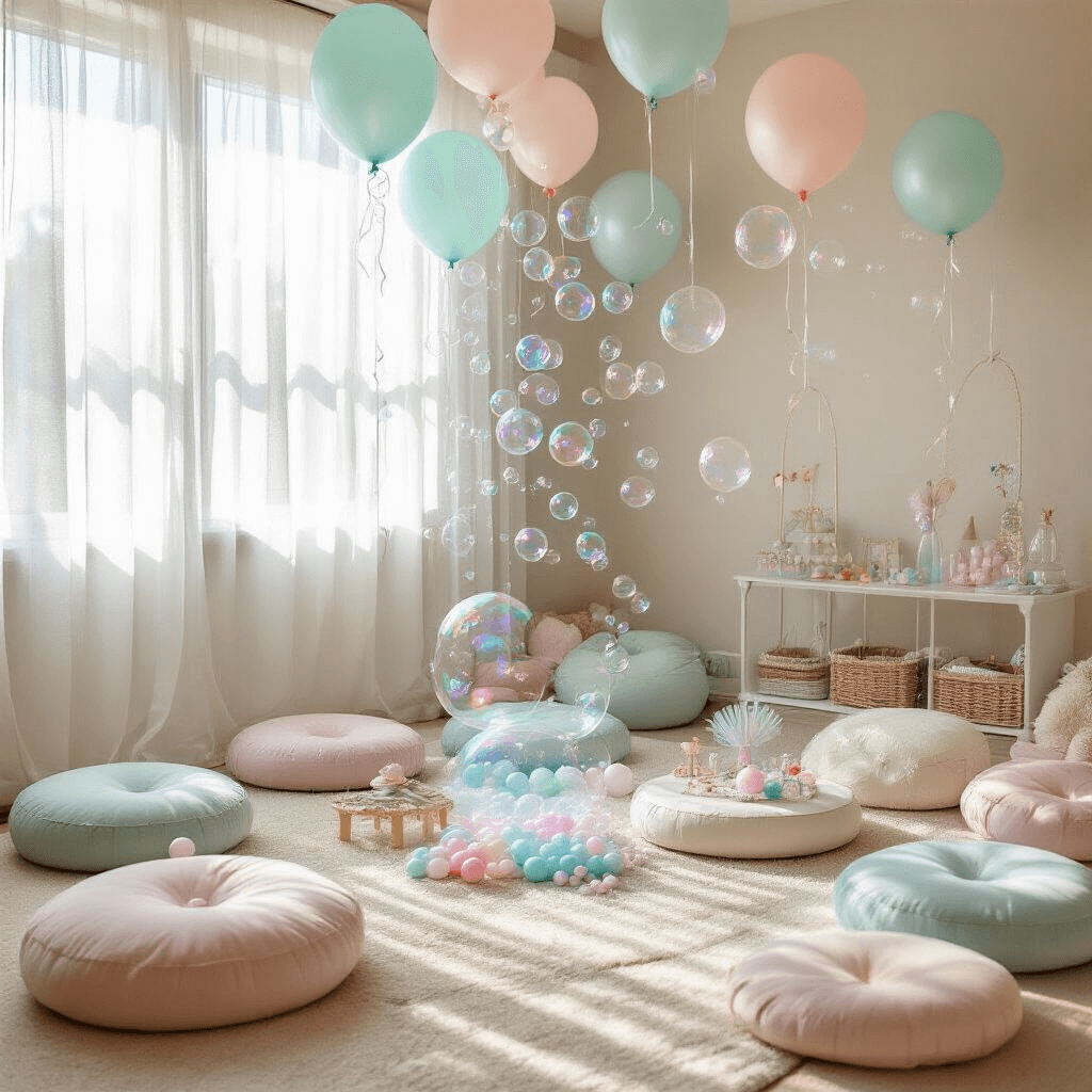 A cozy indoor living room transformed into a bubble wonderland for a toddler's birthday, featuring soft morning light, plush floor cushions, a bubble machine, pastel balloons, and a DIY bubble wand crafting station.
