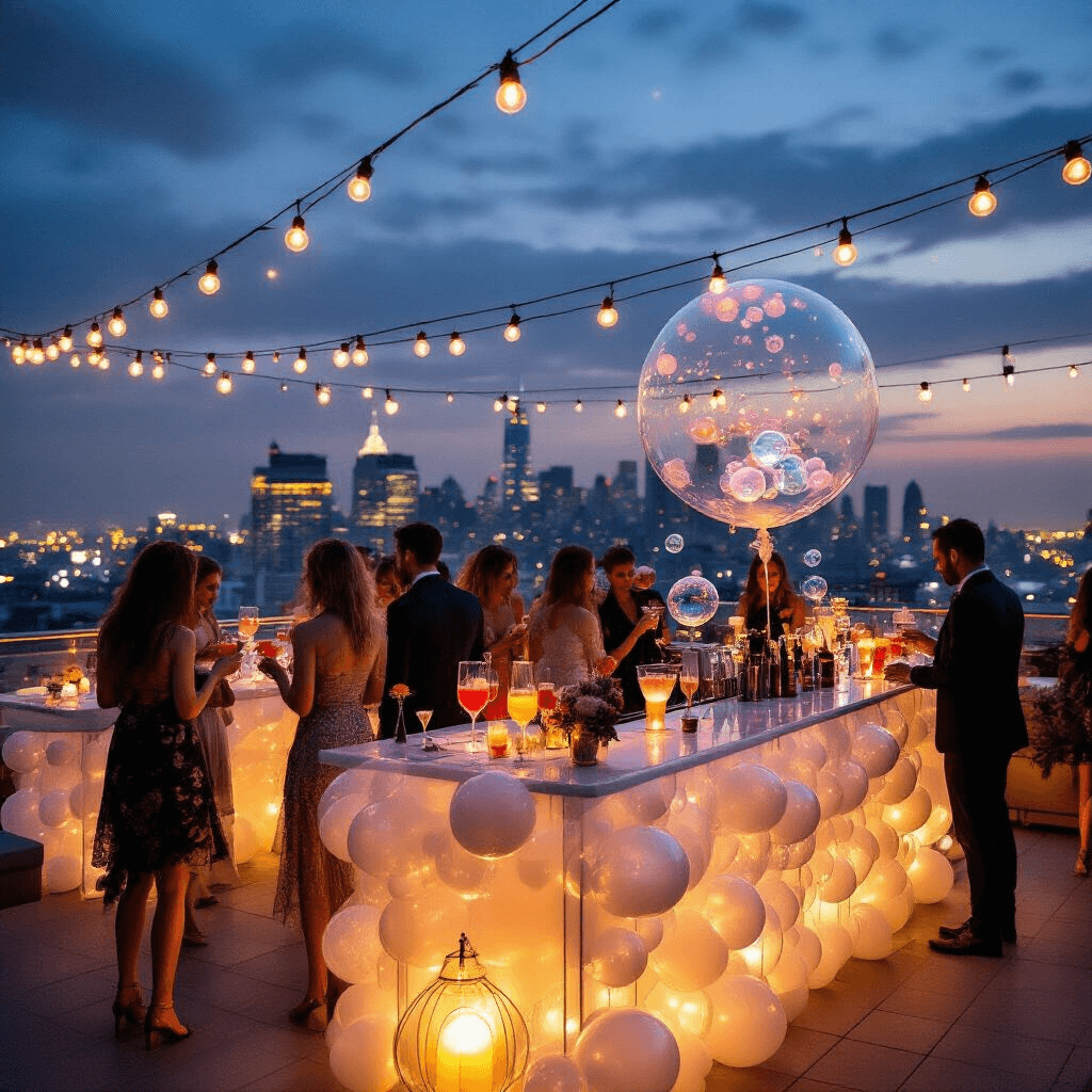 A stylish rooftop terrace party at twilight with a city skyline backdrop, featuring glowing fairy lights, shimmering bubble-inspired tablecloths, a central bar serving signature bubble cocktails in crystal glassware, oversized transparent balloons, and a professional bubble artist creating captivating sculptures.