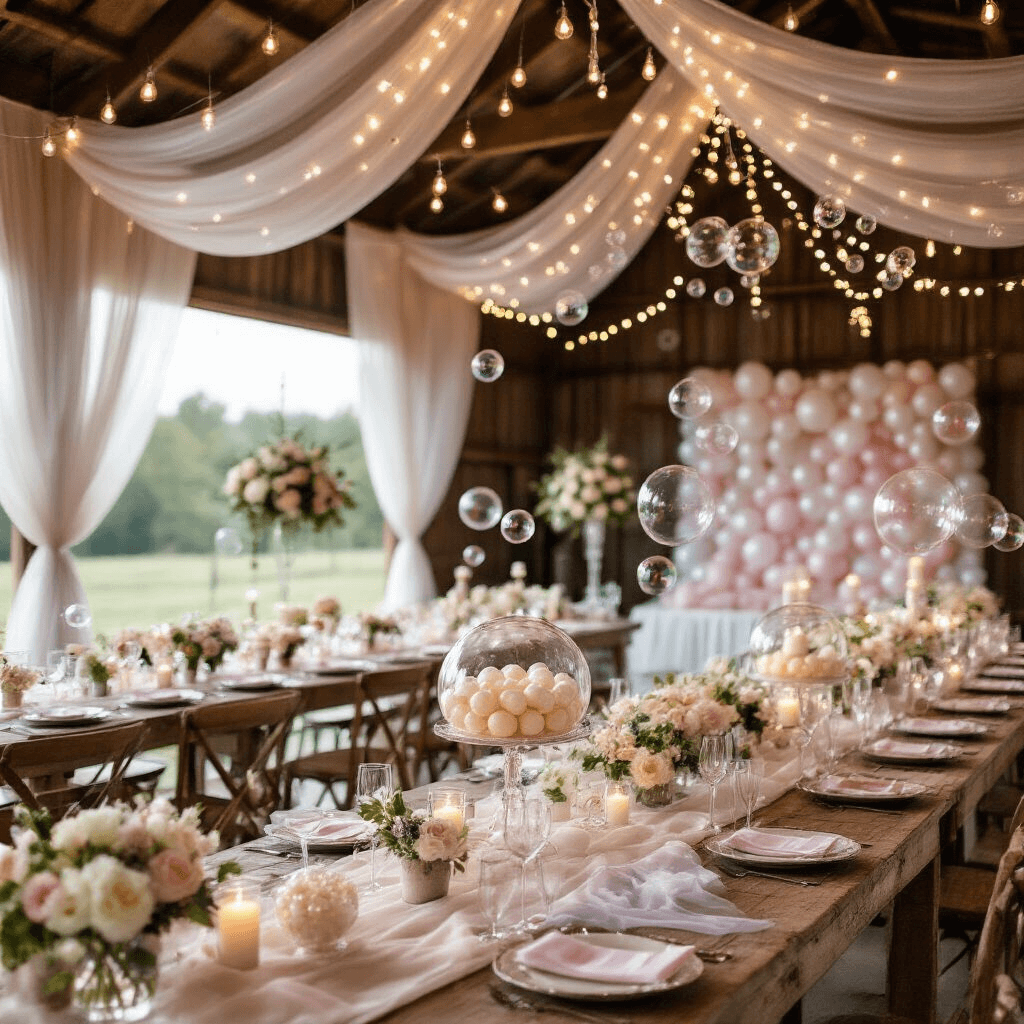 A rustic barn interior adorned for a bubble-themed wedding reception, featuring tulle drapery, twinkling lights, long wooden tables set with pastel linens and glassware, floating candle centerpieces, a dessert cart with bubble-inspired treats, and a whimsical photo area with cascading bubbles.