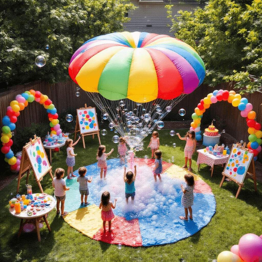 A vibrant overhead view of a child's birthday party featuring a colorful parachute play area surrounded by various bubble-themed activity stations, children running through bubbles, and festive decorations like balloon arches and a bold birthday cake.