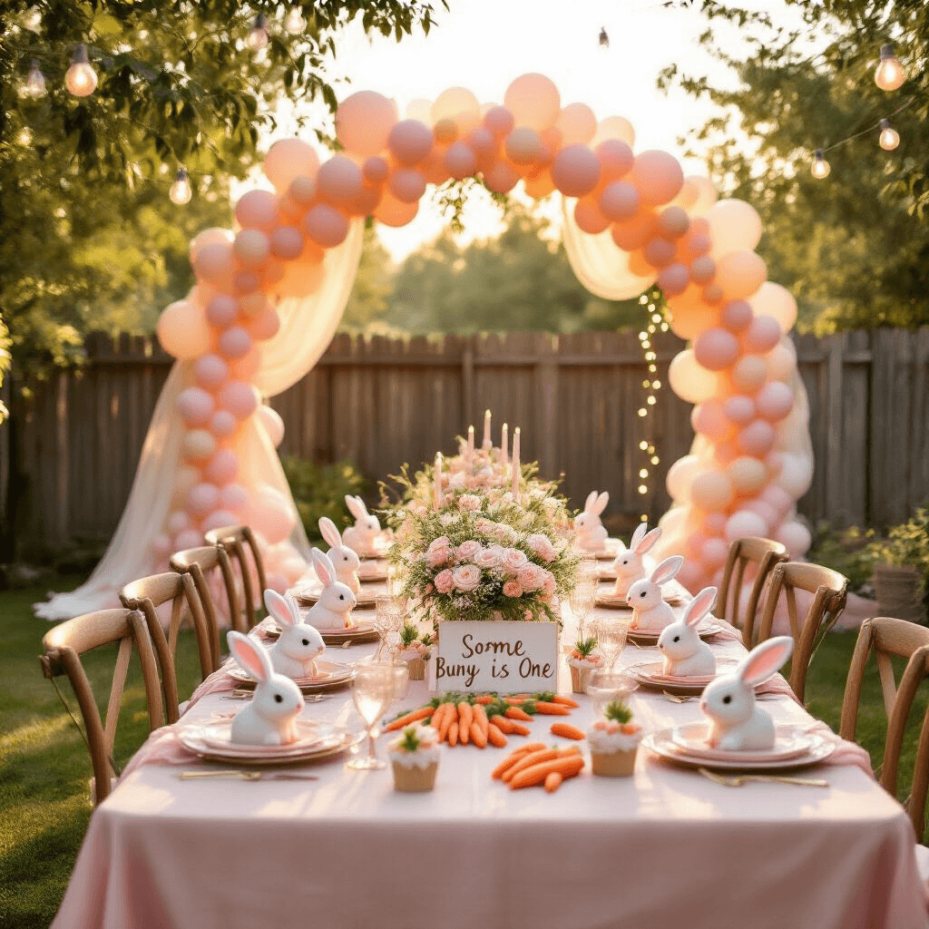A lively backyard garden party during golden hour, featuring a long farmhouse table with soft pink linen, bunny-themed decorations, pastel balloon arches, floral centerpieces, bunny-shaped place settings, carrot-topped cupcakes, and twinkling fairy lights, all set against a rustic wooden fence backdrop.