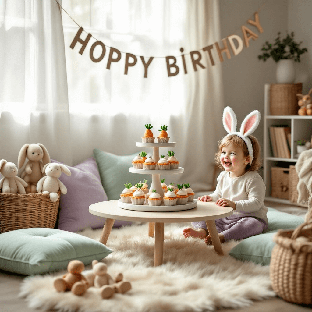 A cozy living room decorated for a toddler's birthday, featuring plush floor cushions, a tiered cake stand with bunny-themed treats, faux fur rugs, and a joyful child in bunny ears, all illuminated by soft morning light.