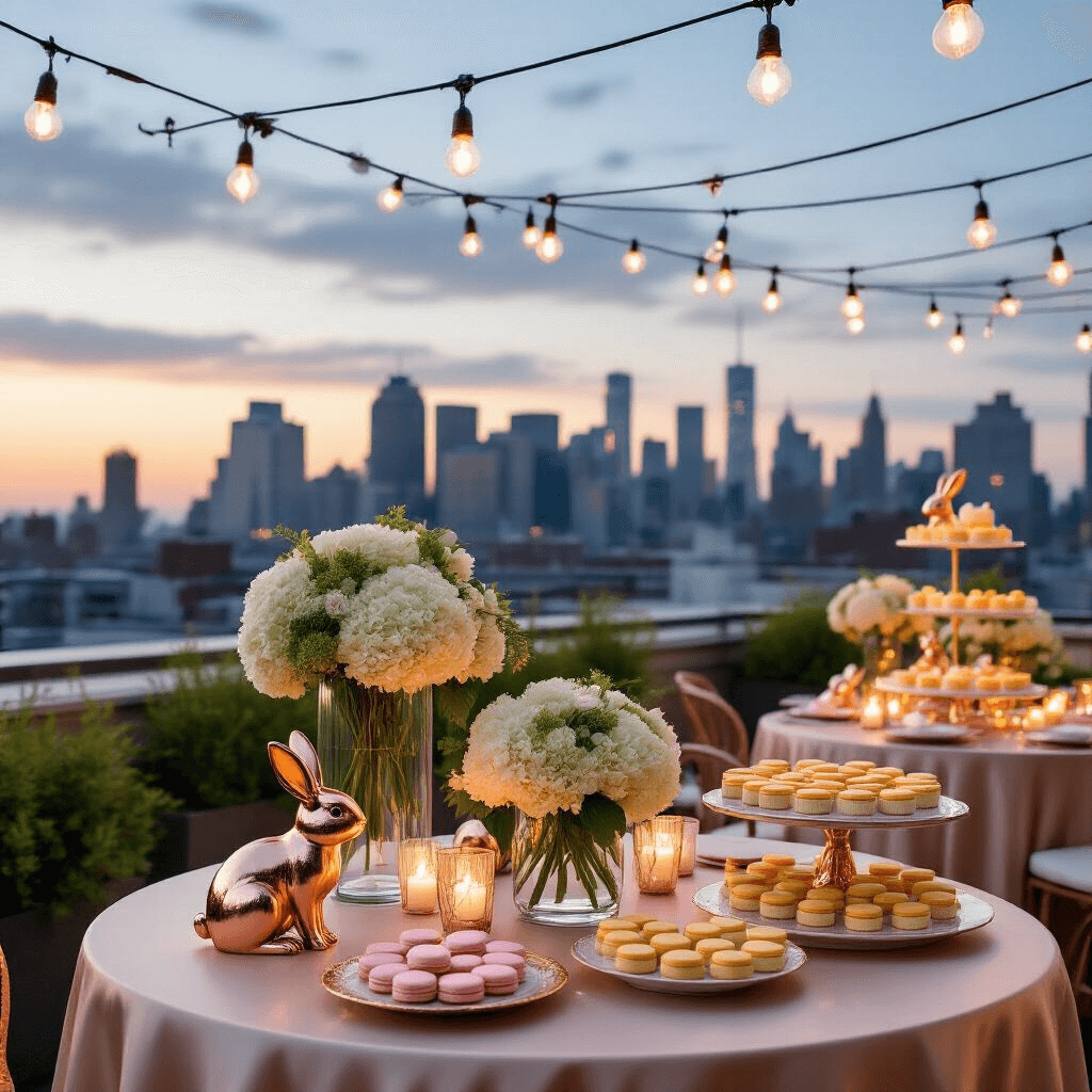 A chic rooftop terrace adorned for a bunny-themed baby shower at twilight, featuring bistro lights, champagne-colored silk-draped tables, elegant centerpieces with greenery and white hydrangeas, rose gold bunny figurines, and a dessert cart with pastel macarons and mini cheesecakes, all against a stunning sunset city skyline.