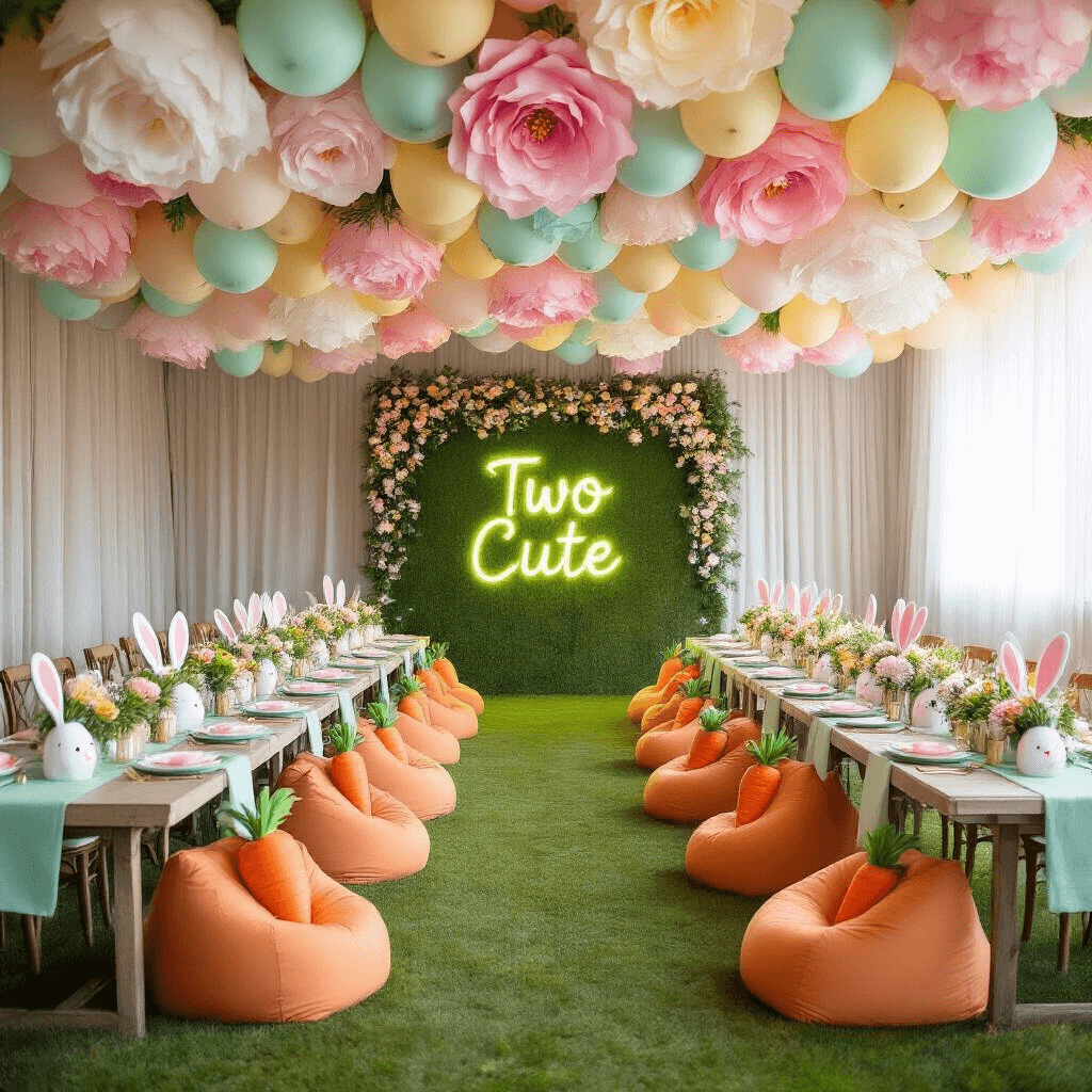 A whimsical indoor ballroom transformed into a spring meadow for a 'Some Bunny is Two' celebration, featuring oversized paper flowers, a pastel balloon canopy, mint green table runners, gold flatware, and bunny-shaped place card holders, with a 'grass' wall and neon 'Two Cute' sign surrounded by flower garlands, and playful giant carrot-shaped bean bags for seating, captured from an elevated angle in soft, diffused lighting.