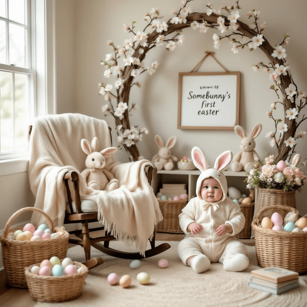 A cozy nursery scene for a 'Somebunny's First Easter' photo shoot, featuring a baby in a bunny costume sitting in a vintage rocking chair with a cream throw, surrounded by pastel eggs, plush bunnies, and faux cherry blossoms, illuminated by natural light.