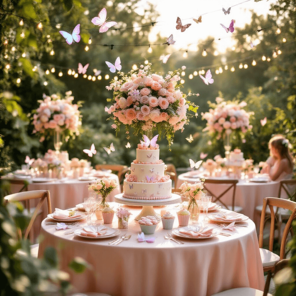 A sunlit garden terrace adorned for a butterfly-themed birthday celebration, featuring blush silk-draped tables with floral centerpieces and butterfly decorations, a dessert table with a tiered butterfly cake, and sparkling fairy lights creating a whimsical atmosphere during golden hour.