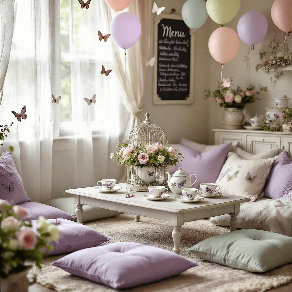 Cozy indoor living room set for a butterfly tea party, featuring soft morning light, plush floor cushions in lavender and sage, delicate butterfly-themed china, a floral birdcage centerpiece, pastel balloon garlands, and a hand-lettered chalkboard menu, all capturing a warm, inviting atmosphere.