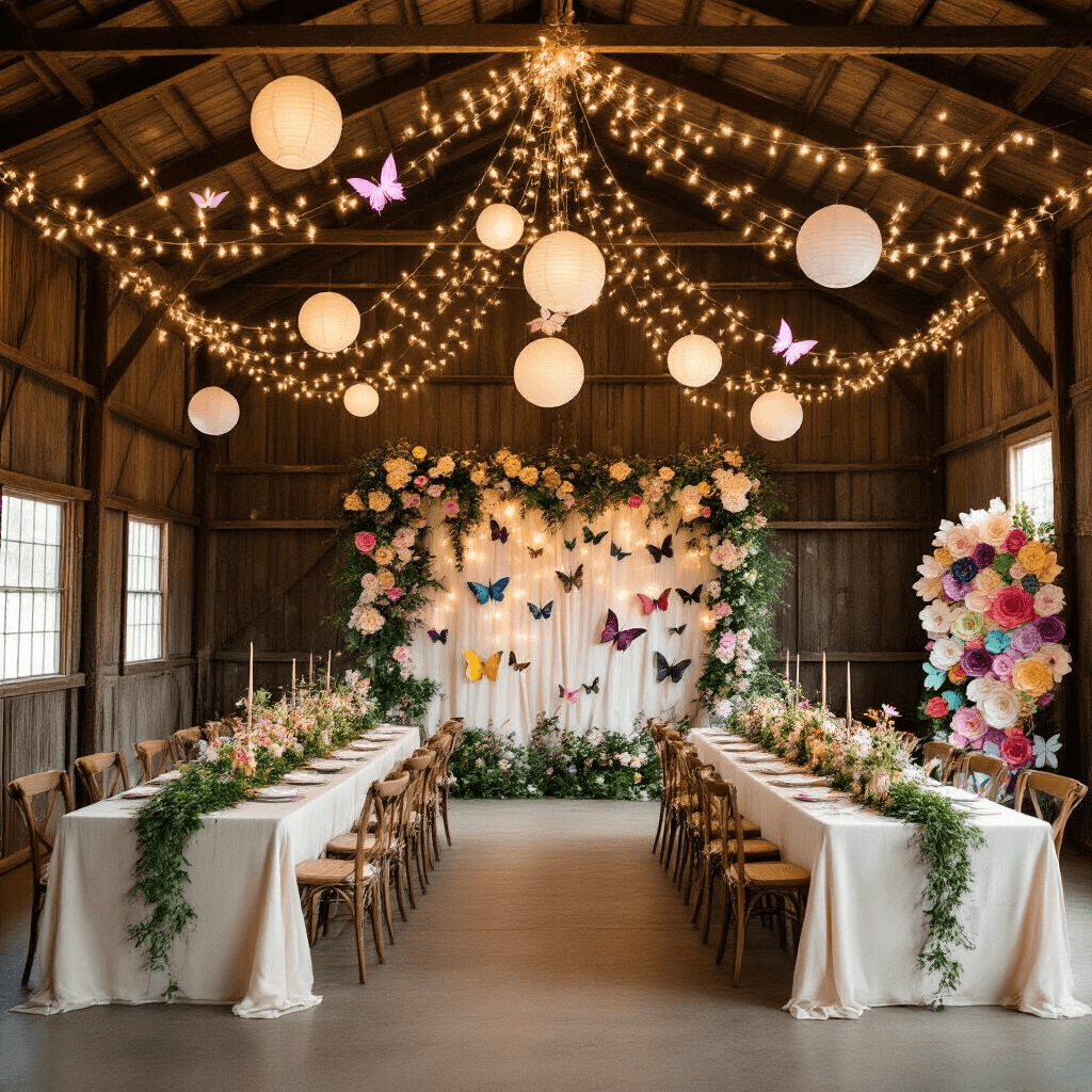 A whimsical barn interior transformed into a butterfly garden, featuring twinkling fairy lights, paper lanterns, farmhouse tables with greenery and butterfly accents, a flower crown station, and a photo booth backdrop of oversized paper flowers and butterflies.