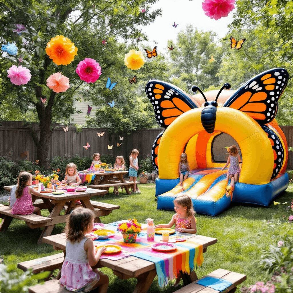 A vibrant backyard filled with colorful decorations for a child's butterfly birthday party, featuring a giant butterfly-shaped bounce house, picnic tables covered in rainbow linens and butterfly-shaped plates, a DIY butterfly feeding station, oversized tissue paper flowers, and children joyfully participating in butterfly-themed activities.