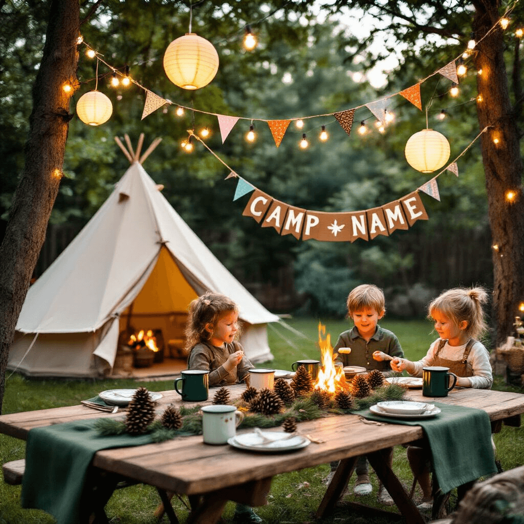 A whimsical backyard camping party at golden hour, featuring a rustic wooden table with forest green linens and pinecone centerpieces, surrounded by fairy lights and lanterns. A decorated canvas tent with twinkling lights and banners stands to the left, while children in outdoor attire roast marshmallows by a fire pit. A 'Camp [Name]' sign made of twine and wood hangs between two trees, framing the scene.