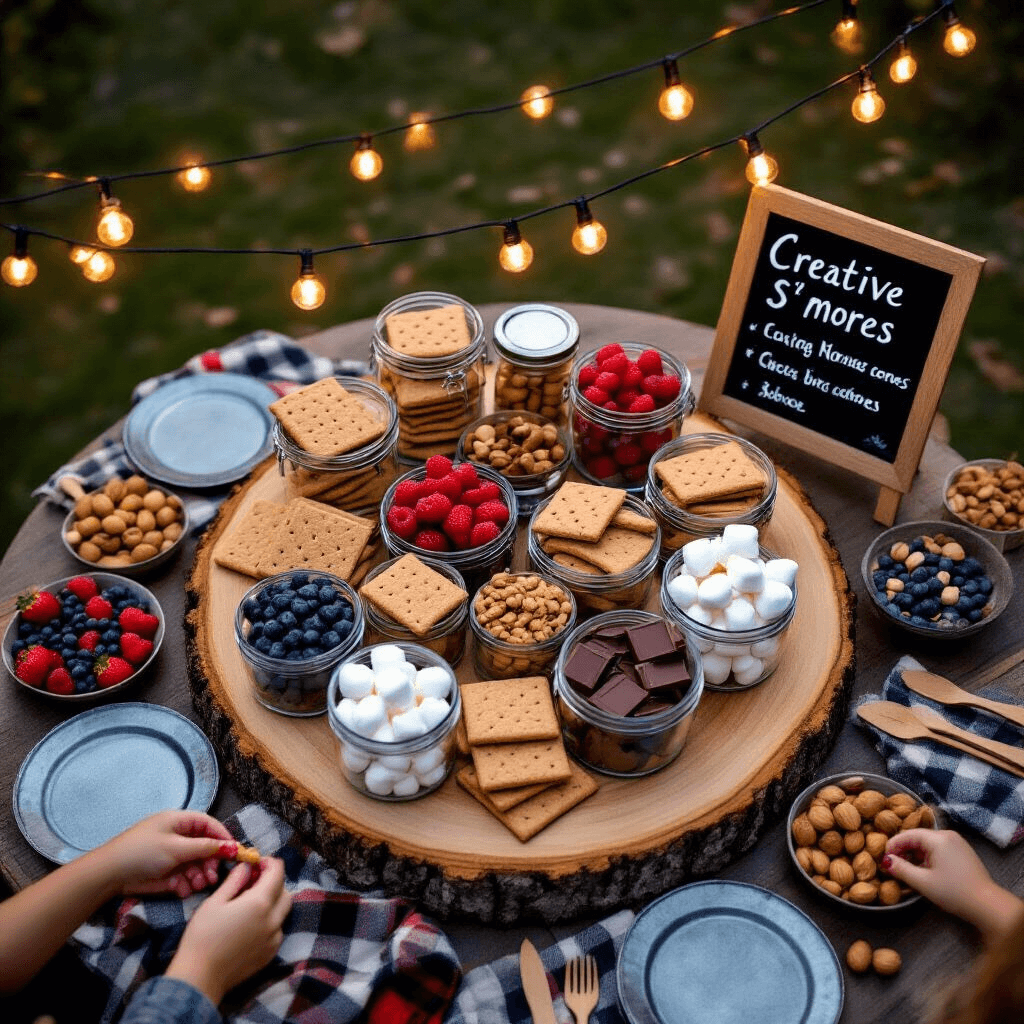 An overhead shot of a cozy s'mores bar at dusk, featuring a wood slice with jars of graham crackers, marshmallows, and chocolate, surrounded by vintage tin plates with berries and nuts, flannel napkins, and wooden utensils. String lights overhead create a warm ambiance, while a chalkboard sign lists s'mores combinations. Guests' hands reach for treats, adding liveliness to the scene.