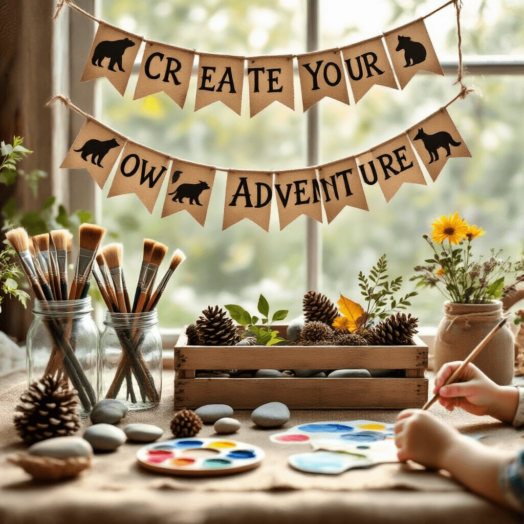 A cozy and well-lit craft station featuring a burlap-covered table with mason jars of paintbrushes, pinecones, and river rocks. Earthy-toned watercolor palettes are scattered nearby, and a wooden crate in the center holds dried flowers and leaves. Children's hands are seen painting a pinecone, while a 'Create Your Own Adventure' banner with woodland animal silhouettes hangs above.