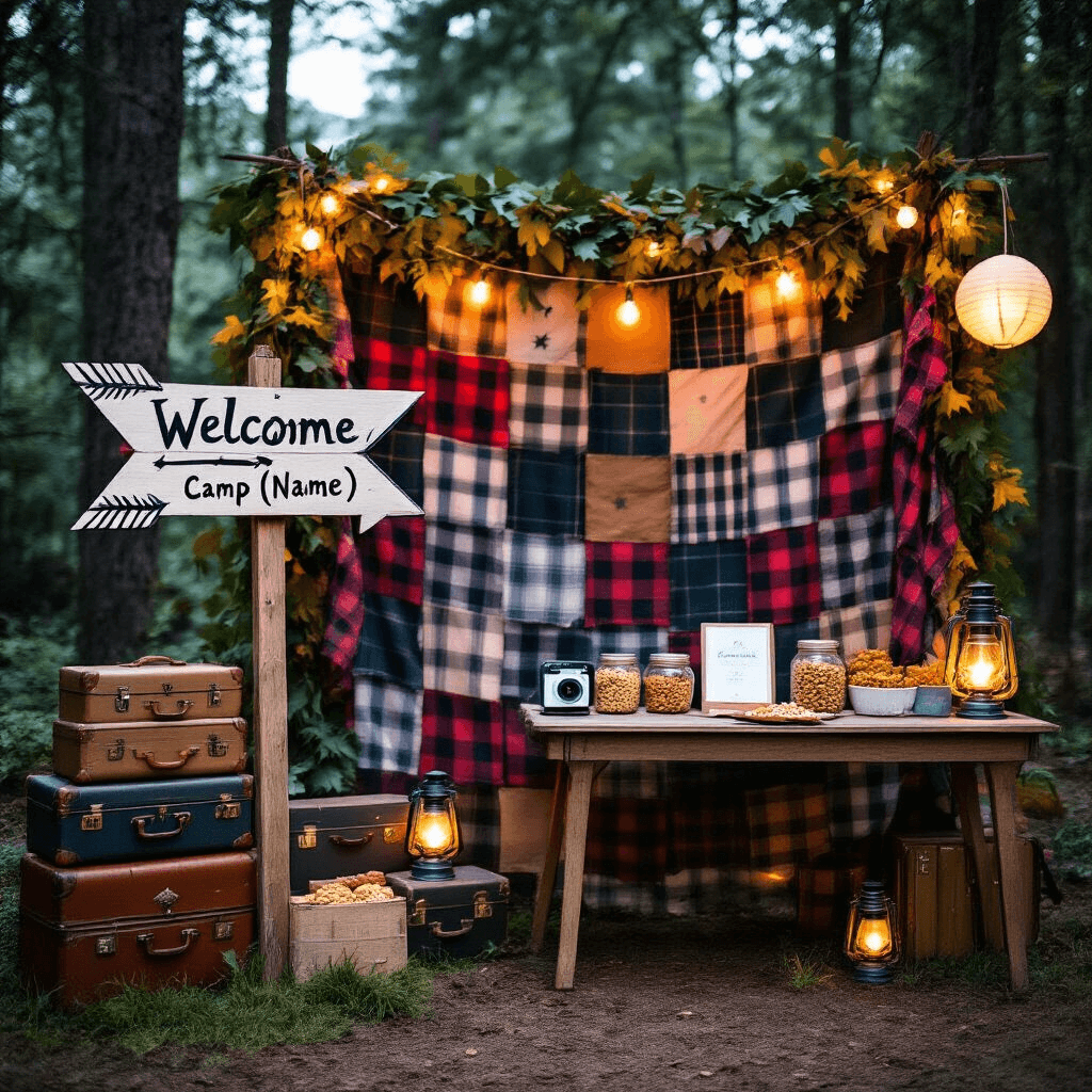 A twilight scene of a welcome zone at a campsite-themed party, featuring a hand-painted wooden arrow sign directing guests to 'Camp [Name]' amidst various activity stations. A backdrop of patchwork flannel and faux greenery creates a forest ambiance. Stacked vintage suitcases and lanterns add charm, while a small table with glass jars of trail mix offers treats. Twinkling fairy lights and paper star lanterns illuminate the area, and a Polaroid camera with a guestbook invites memory-making.