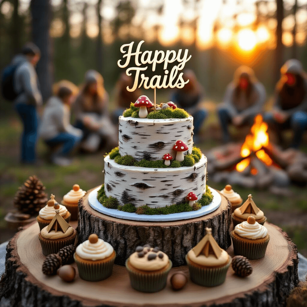 An intimate sunset view of a two-tier birthday cake designed to resemble birch logs, adorned with edible moss and fondant mushrooms, on a slice of tree trunk. Surrounded by earth-tone cupcakes resembling campfires, scattered pinecones, acorns, and chocolate tents, with a 'Happy Trails' gold script cake topper glimmering in the sun. Blurred guests gather around a campfire in the background, enhancing the atmosphere.