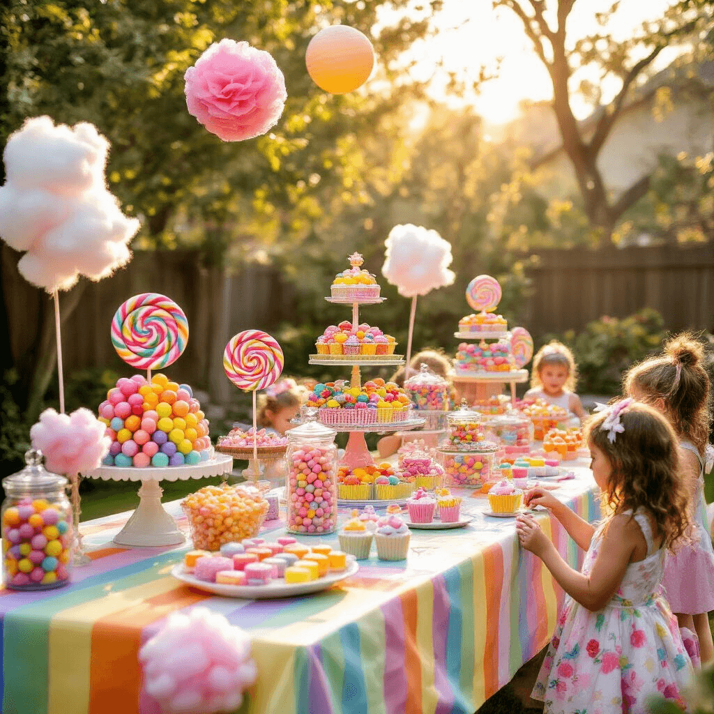 Candy Birthday Party: A Sweet Celebration Guide A whimsical Candyland-themed backyard party with a grand candy buffet table, colorful candies in glass jars, oversized lollipops, and children decorating cupcakes, all bathed in warm golden hour light.