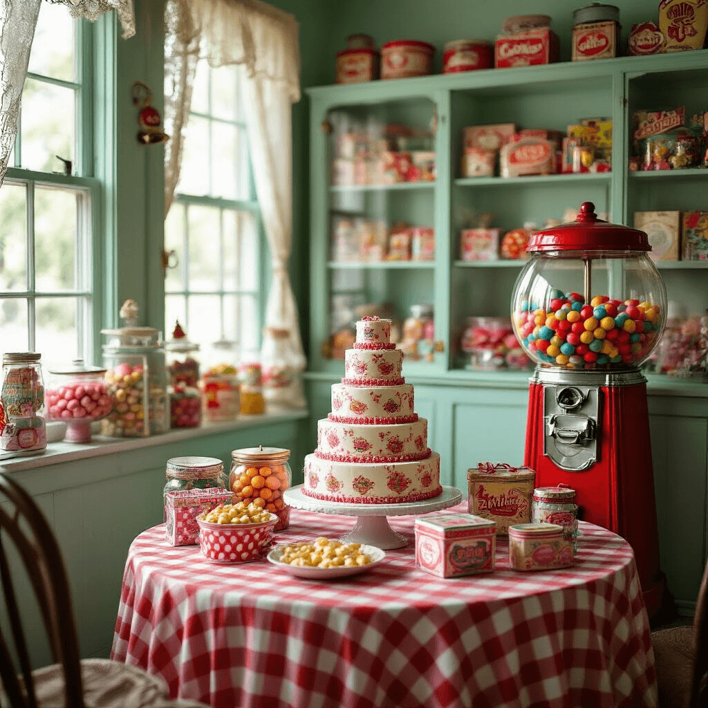 Candy Birthday Party: A Sweet Celebration Guide A cozy retro candy shop scene in a living room, featuring vintage glass display cases filled with nostalgic candies, a gumball machine, and a round table with a tiered birthday cake resembling stacked candy boxes, illuminated by soft afternoon light through lace curtains.