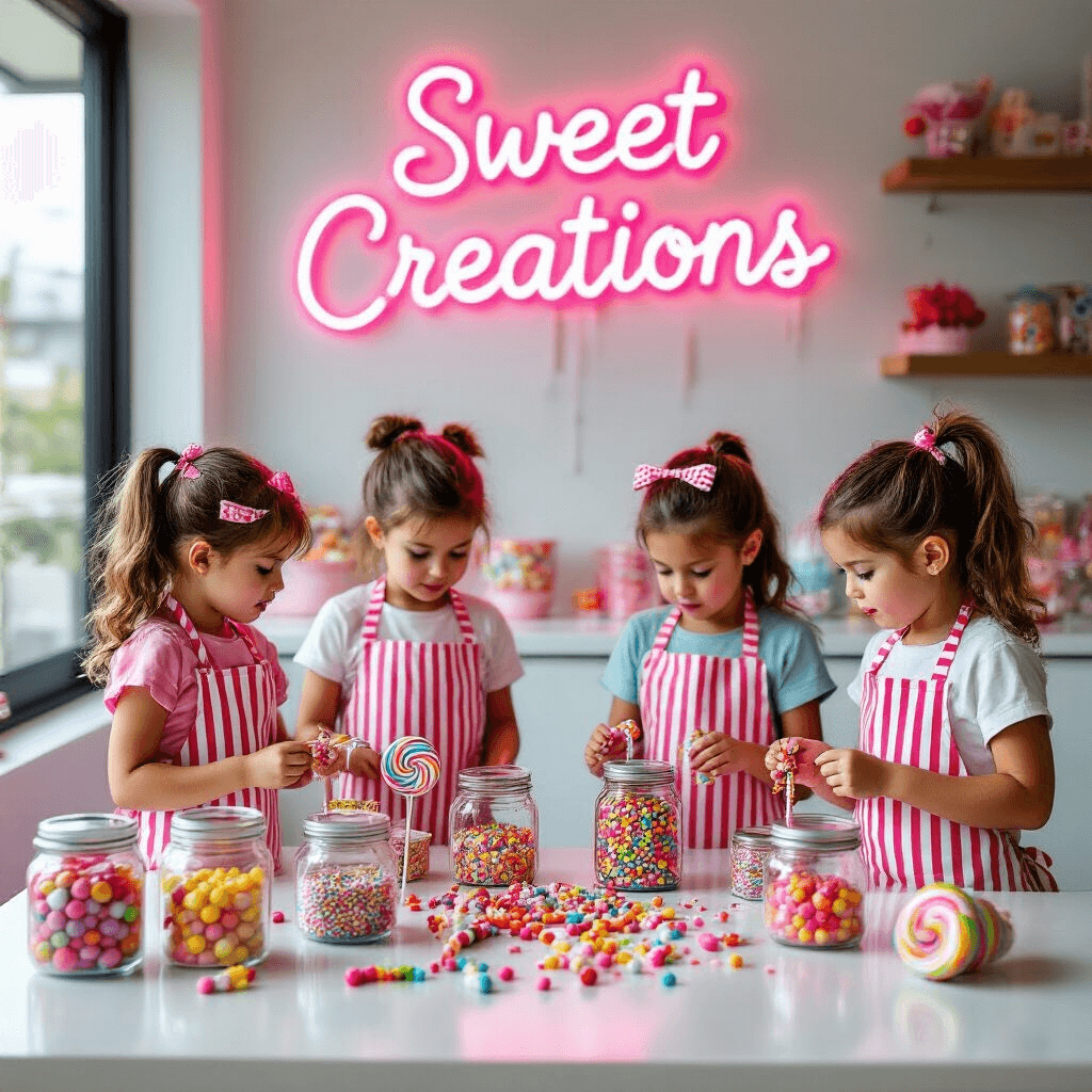 Candy Birthday Party: A Sweet Celebration Guide A colorful candy craft station in a modern apartment with children in candy-striped aprons decorating oversized lollipops and making candy necklaces, surrounded by jars of sprinkles and icing tubes, under a neon sign that says 'Sweet Creations'.