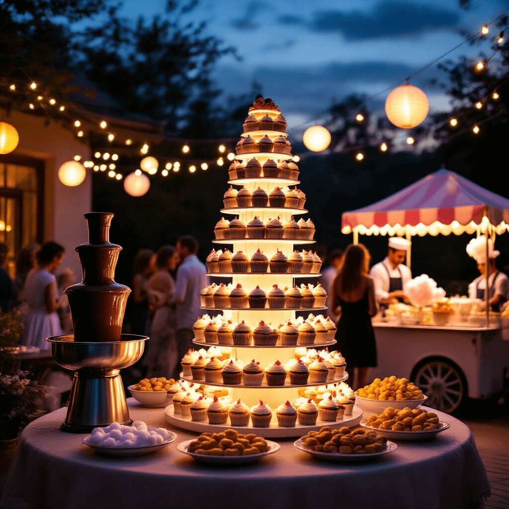 Candy Birthday Party: A Sweet Celebration Guide A magical dessert wonderland on a string-lit patio at twilight, featuring a towering illuminated cupcake display, a cascading chocolate fountain with dippable treats, and a vintage cotton candy cart, all under twinkling fairy lights and paper lanterns, with guests mingling in silhouette.