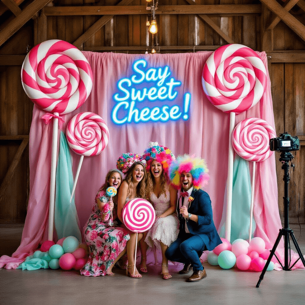 Candy Birthday Party: A Sweet Celebration Guide A vibrant candy-themed photo booth in a rustic barn, featuring oversized painted lollipops and candy canes, with partygoers posing with giant candy props and colorful wigs, accented by a neon 'Say Sweet Cheese!' sign and framed by pink and mint balloon garlands.