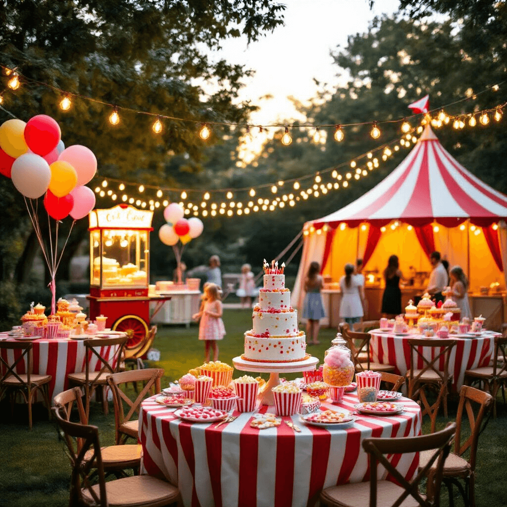 A whimsical carnival birthday party in a spacious backyard at golden hour, featuring a red and white striped tent, colorful balloon centerpieces on round tables, a glowing popcorn cart and cotton candy machine, children playing games, adults mingling near a vintage cocktail station, and fairy lights overhead, all centered around a towering circus-themed cake with themed cupcakes and candy jars.