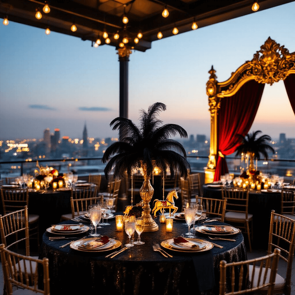 An elegant carnival-themed soirée on a chic rooftop terrace at dusk, featuring black and gold decor with red accents, shimmering gold tables, black feather centerpieces, a vintage photo booth, servers in circus costumes, and soft candle and string light ambiance against a backdrop of city lights.