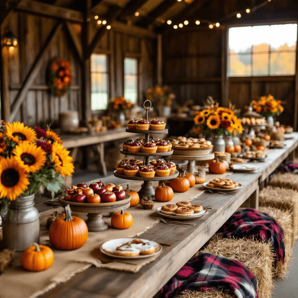 A close-up of a cozy fall carnival dessert table in a rustic barn, featuring a tiered display of caramel apples, pumpkin pies, and cinnamon donuts, surrounded by warm autumn hues, mini pumpkins, and mason jars with sunflowers.