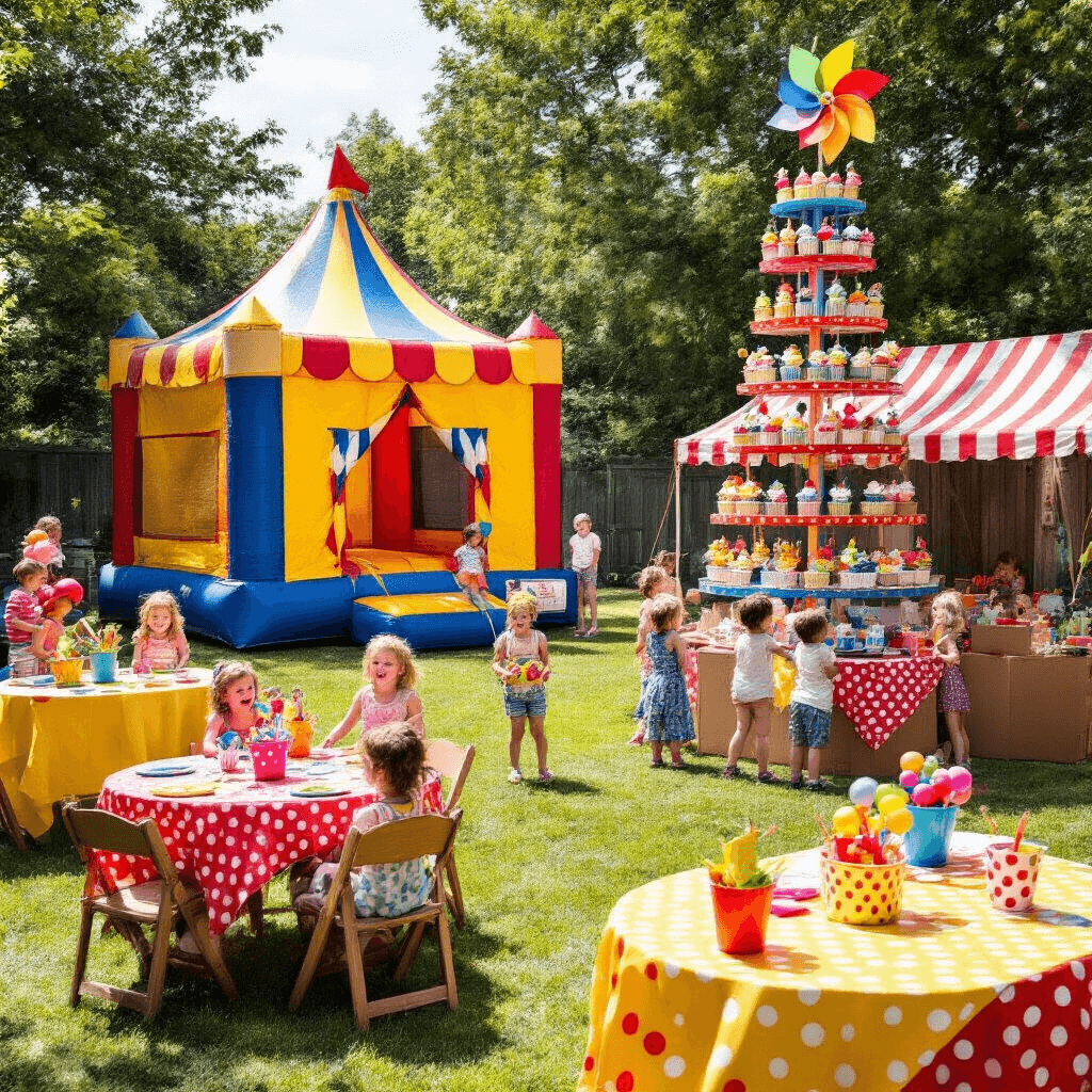 A lively backyard carnival party for kids, showcasing a bounce house, colorful game booths, vibrant tables with polka dot cloths, a face painting station, and a cupcake display resembling a Ferris wheel, all filled with laughing children enjoying the festivities.
