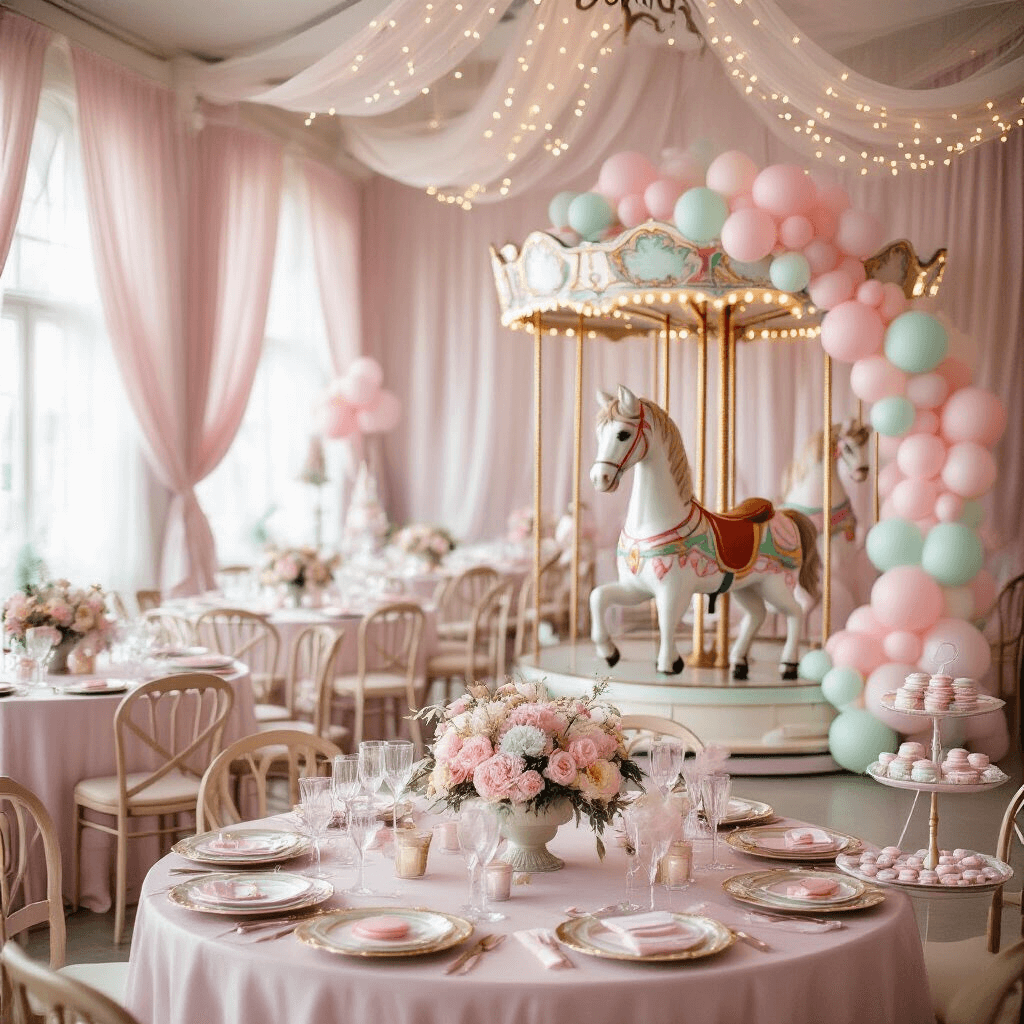 A pastel-themed indoor carnival celebration in a light-filled ballroom, featuring sheer drapery, twinkling fairy lights, round tables with floral centerpieces, a vintage carousel horse with a balloon arch, and a dessert cart with cotton candy and macarons.