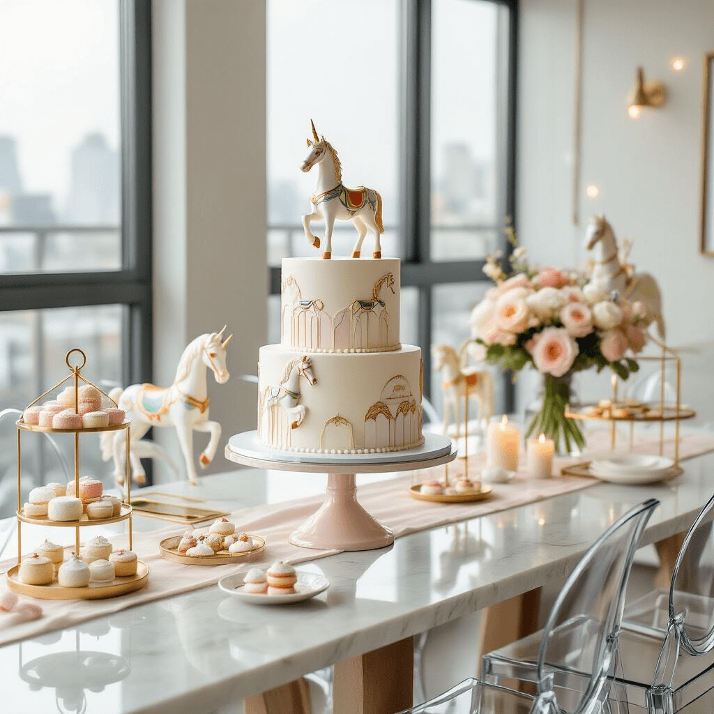 Magical Carousel Birthday Party: Your Ultimate Guide to a Whimsical Celebration A minimalist carousel-themed dessert display in a modern apartment, featuring a statement cake with abstract carousel horse designs on a marble countertop, surrounded by pastel desserts on geometric gold stands, clear ghost chairs, a glass dining table with a fresh flower runner, and metallic carousel horse figurines, all illuminated by natural light from large windows.