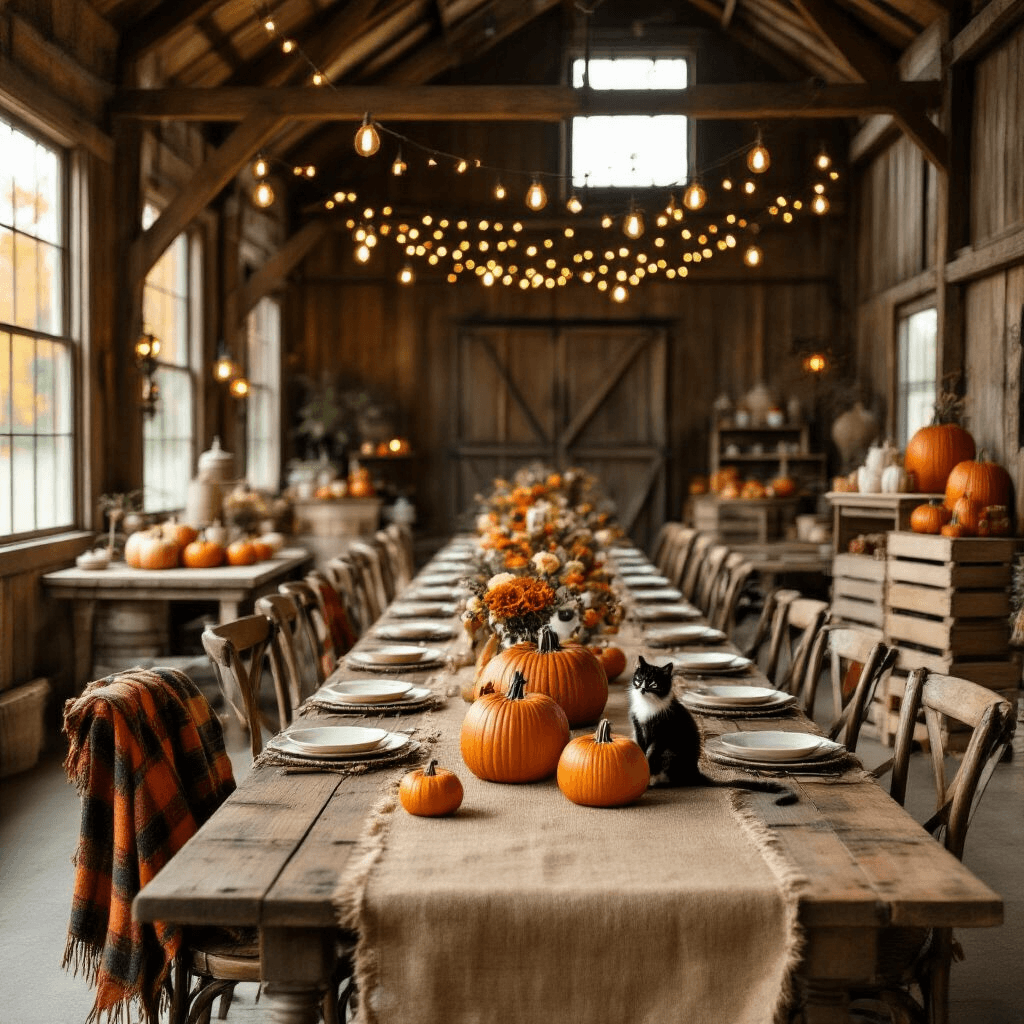 A rustic barn interior styled for a cat-lovers' autumn gathering, featuring long wooden tables with burlap runners, pumpkin centerpieces with cat silhouettes, cozy plaid throw blankets over vintage chairs, and soft fairy lights illuminating the warm, inviting space.