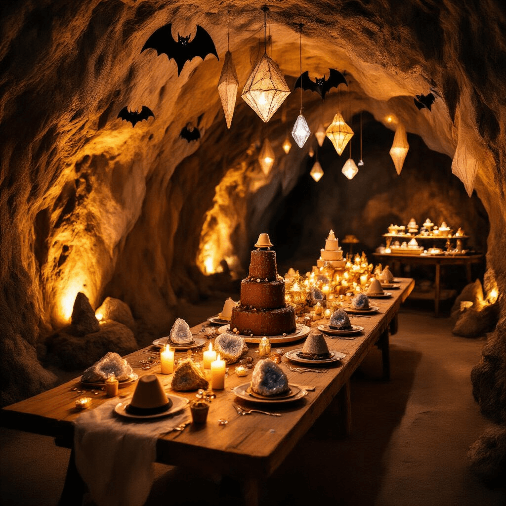 A whimsical underground birthday celebration featuring a long wooden table with geodes and explorer hat place settings, illuminated by soft amber lights and surrounded by cardboard stalactites and inflatable bats, with a dessert cart displaying a towering chocolate 'rock' cake in the foreground.