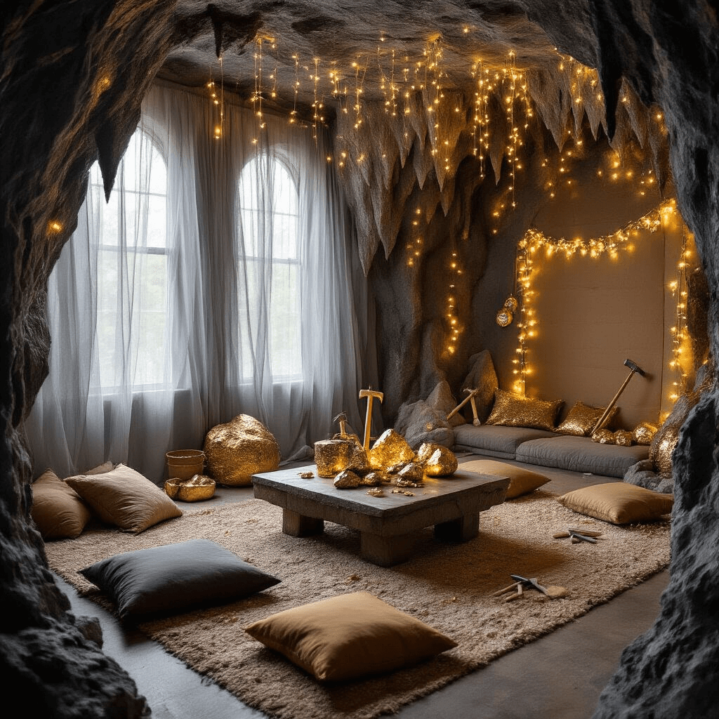 An intimate living room styled as a glamorous cave expedition with sheer grey curtains, twinkling fairy lights, plush floor cushions in earthy tones, a centerpiece of sparkling 'ore', toy pickaxes, cardboard stalagmites, and explorer props, all illuminated by golden hour light.