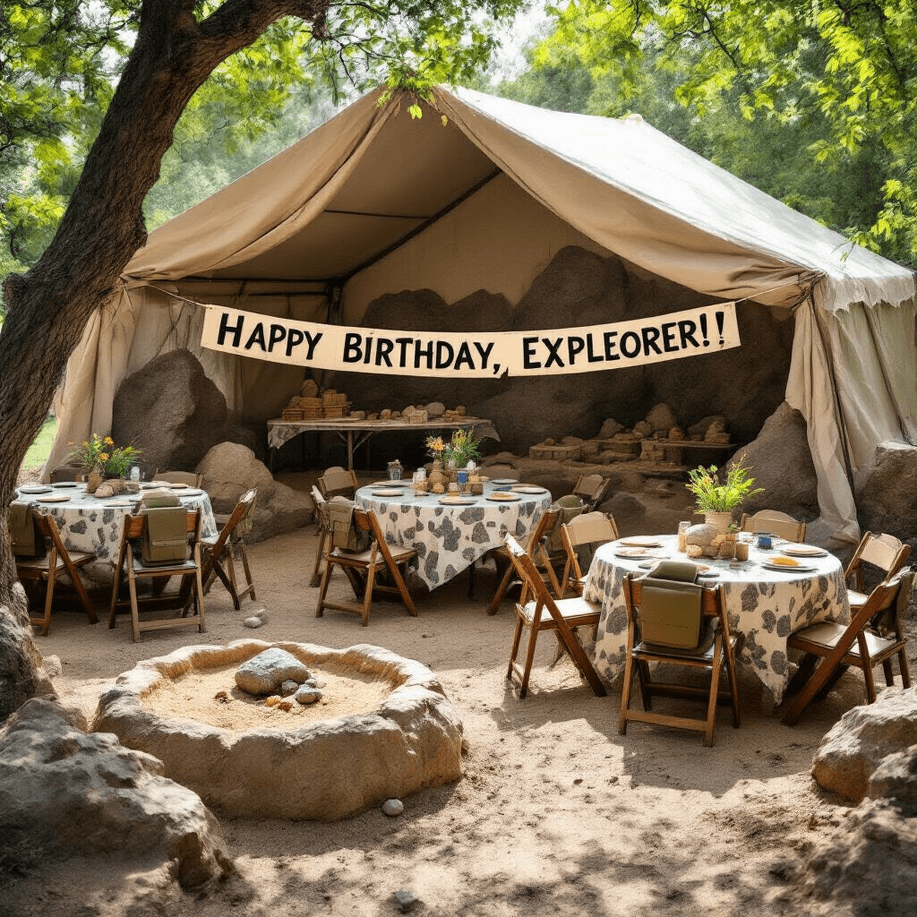 A backyard birthday party transformed into a geological wonderland with a large tent, stone-patterned table linens, rock specimen centerpieces, khaki vest chair covers, a sandbox dig site, and a 'Happy Birthday, Explorer!' banner, all illuminated by dappled sunlight filtering through trees.