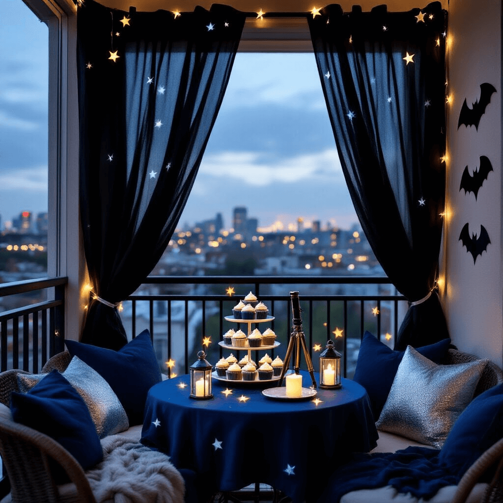 A cozy balcony transformed into a nighttime cave, featuring sheer black curtains, battery-operated star lights, a small bistro table with constellation-themed cupcakes and a telescope, plush navy and silver pillows, glow-in-the-dark bat decals, and twinkling city lights in the background, creating a magical atmosphere for an adult birthday celebration.